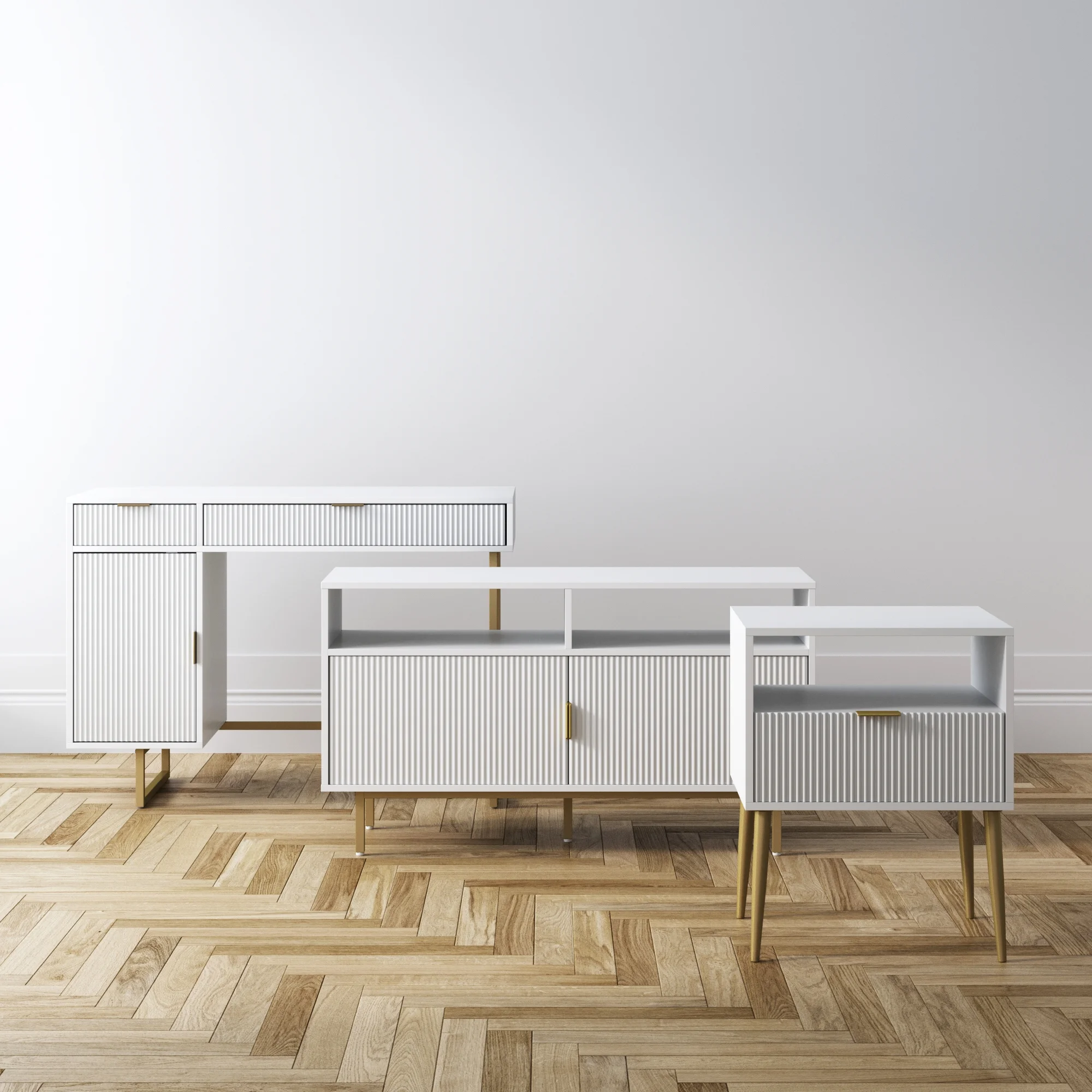 Nathan James Jacklyn White Modern Computer Desk, Workstation or Writing Desk for Small Spaces with Drawers and Cabinet Storage, White/Pale Gold