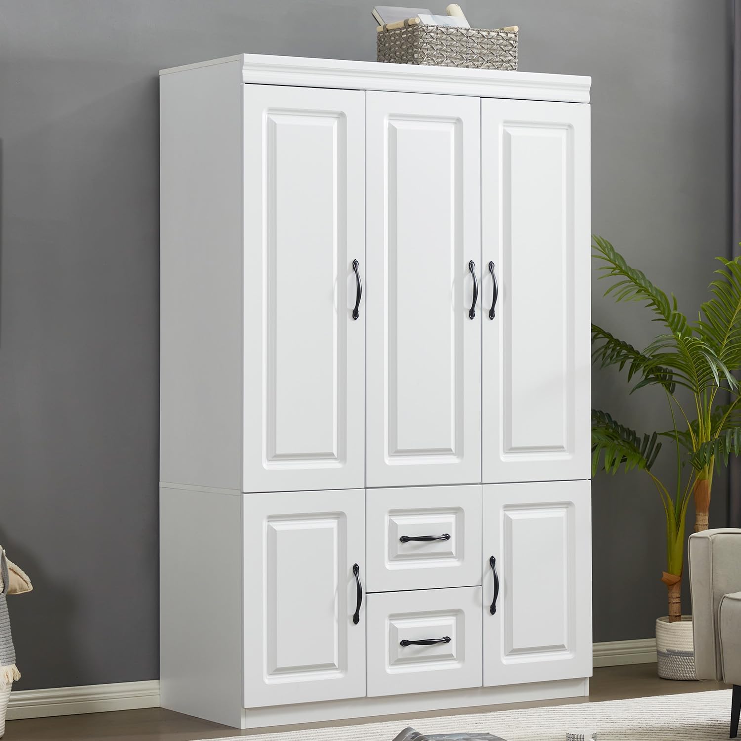 Wardrobe Armoire Storage Cabinet Wood, 3 Door 2 Drawers White Closet Wardrobe for High Storage Capacity