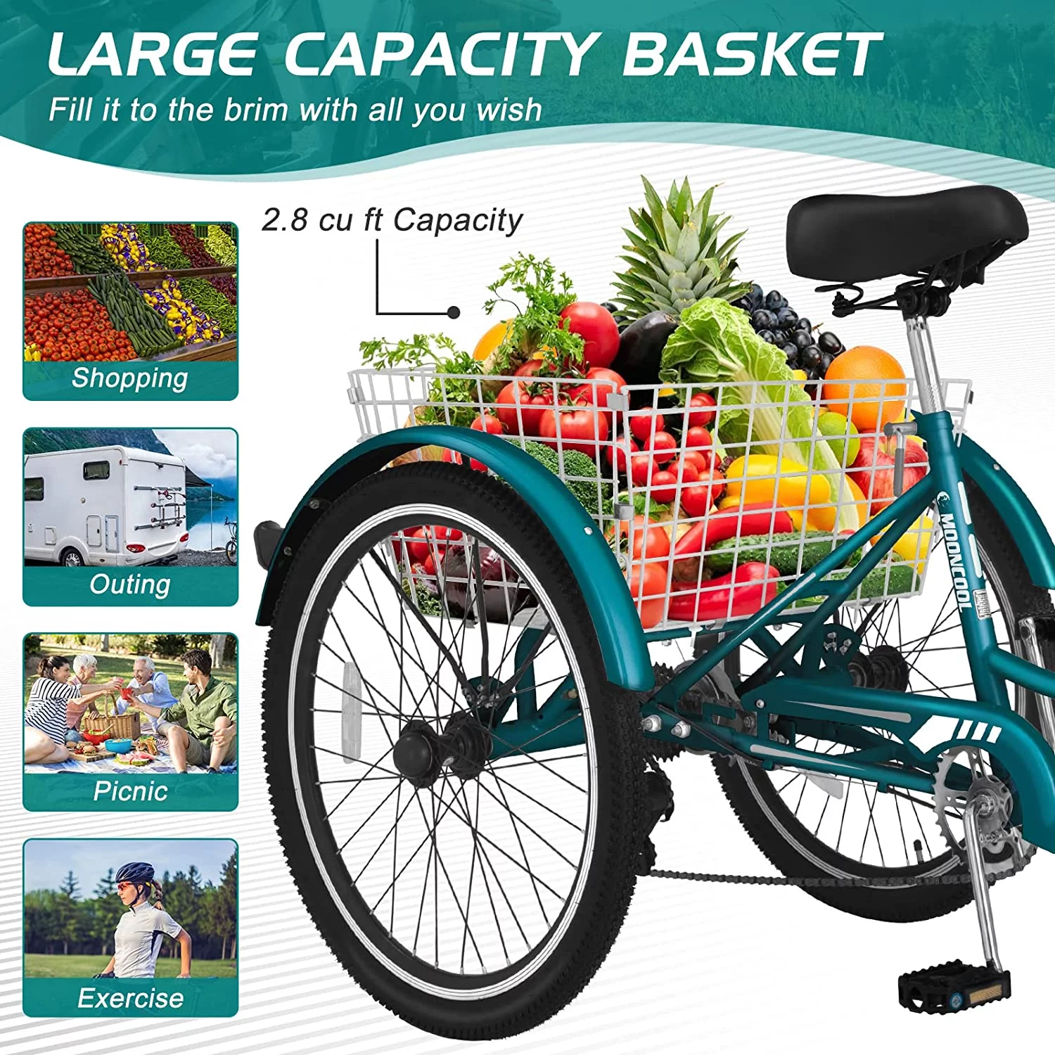 Docred Adult Tricycle 7 Speed 24 Inch Three Wheel Bike Cruiser Trike for Men/Women/Seniors