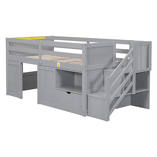Harper & Bright Designs Low Loft Bed with Stairs, Solid Wood Twin Size Low Loft Bed Frame with Storage Drawers and Shelf