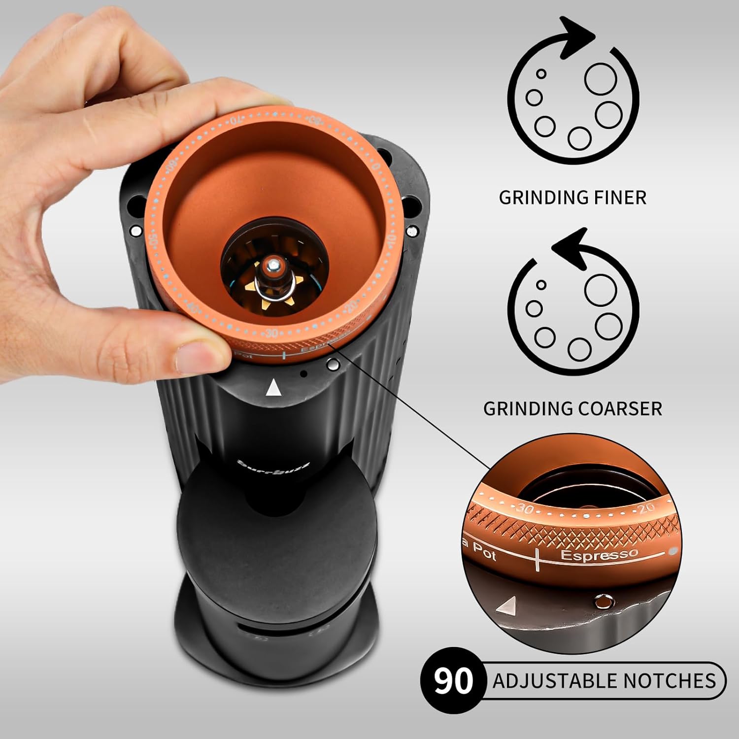 Electric Burr Coffee Grinder, Professional Espresso Grinder, Quiet Compact, 65g Single Dose, 90 Adjustable Settings, Easy to Use&Clean