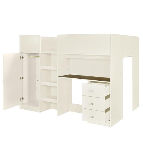 Harper & Bright Designs Full Size Loft Bed with Desk, Wood Full Loft Bed Frame with Built-in Wardrobe, Storage Shelves and Drawers, Gray