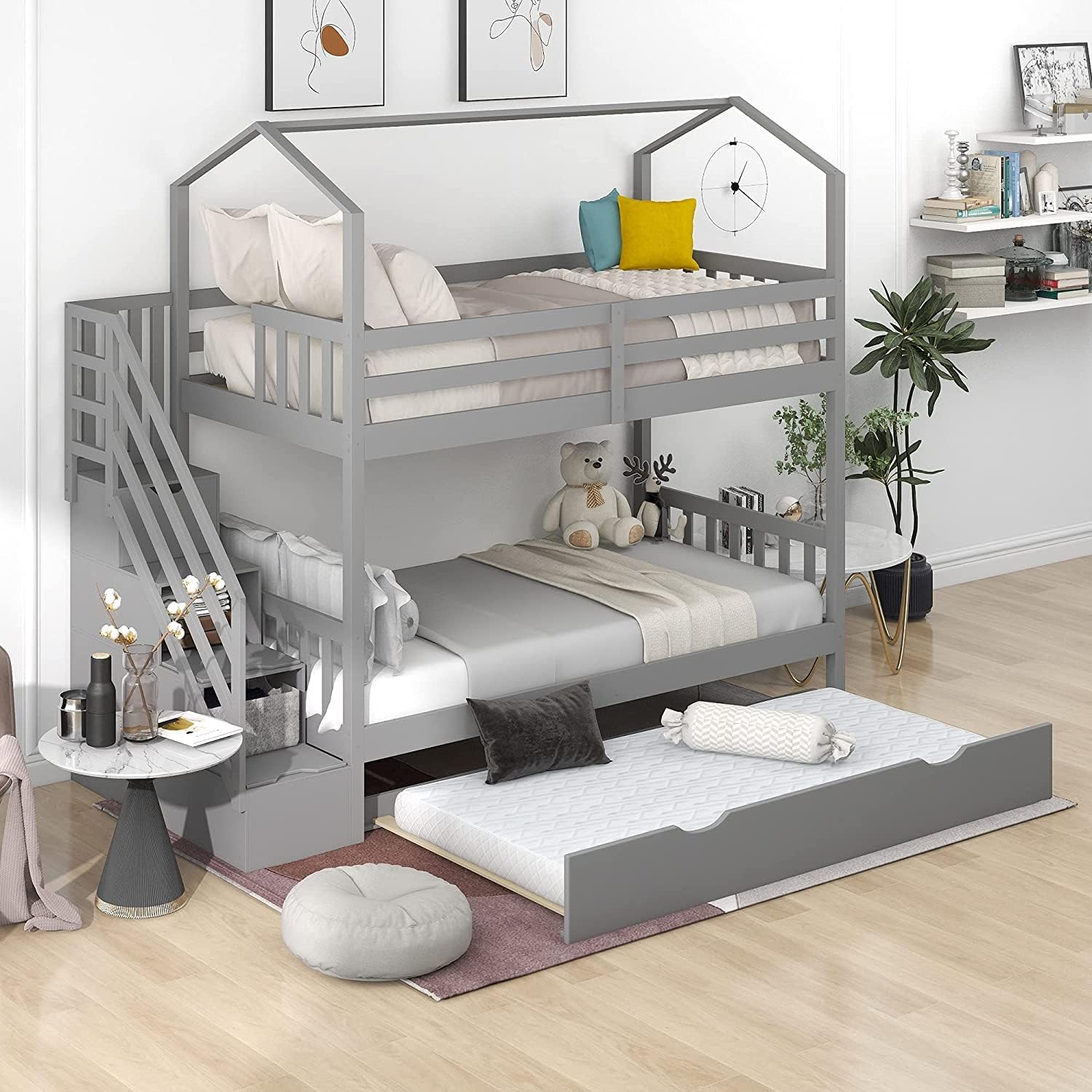 COODENKEY Twin Over Full Bunk Bed with Safety Guardrails & Ladder,Can be Separated,No Box Spring Needed, Perfect for Kids Bedroom, 78.7×55.9×62.3