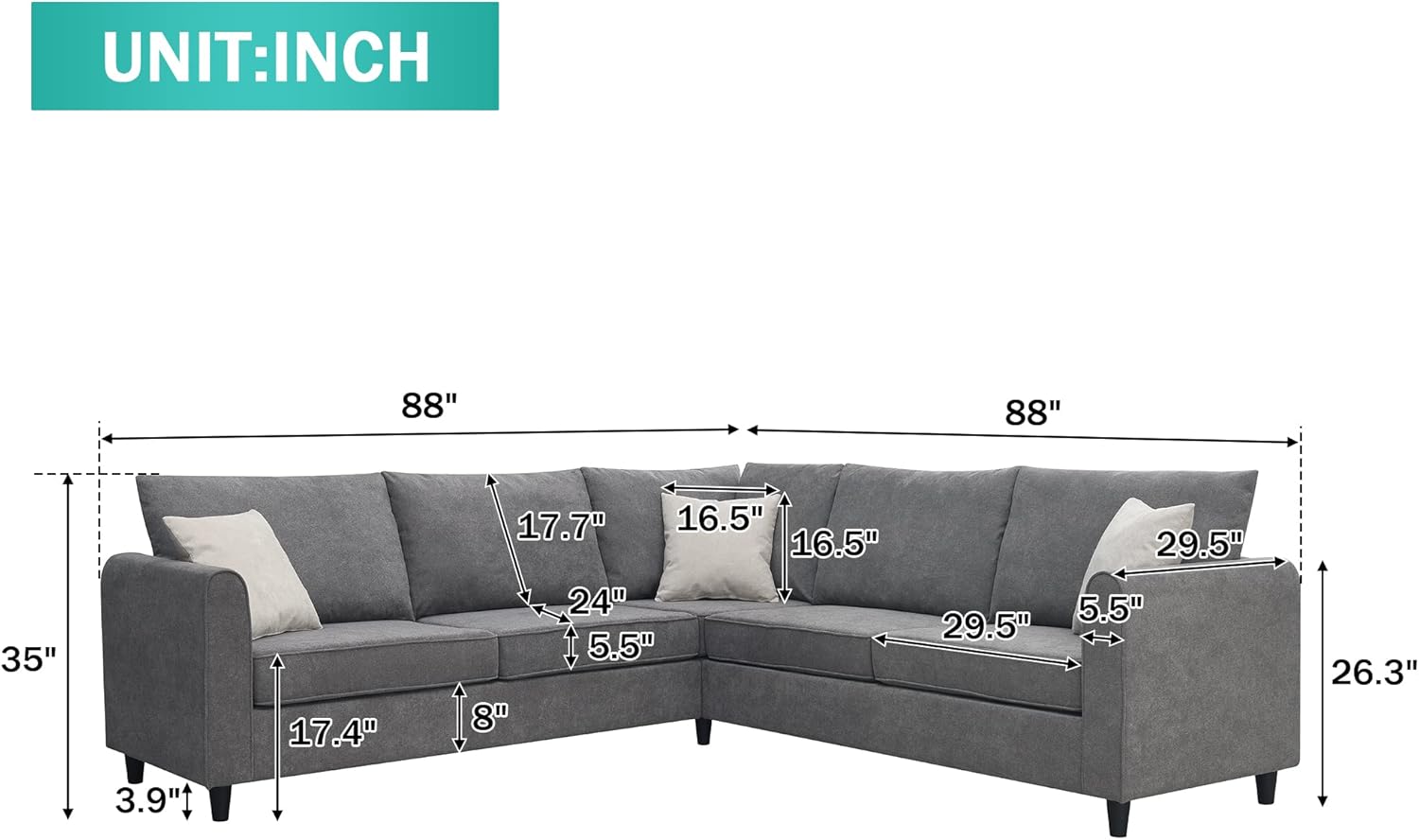 Harper & Bright Designs L-Shape Living Room Set, Modern Upholstered Sectional Sofa, Home Furniture Couch Set with 3 Pillows, Sectional Sofa Couch