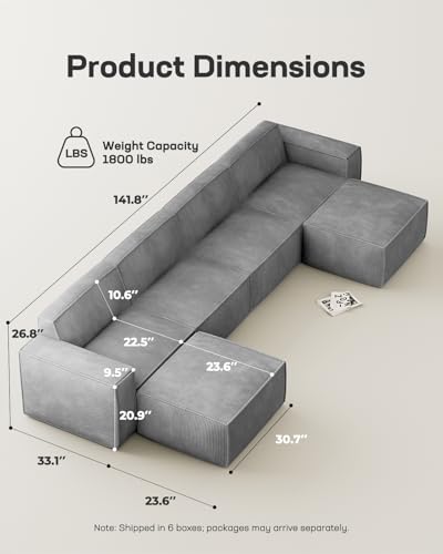 Marsail 142" Oversized Deep U Shaped Modular Sofa, Corduroy Cloud Couches with Deep Seats and High-Back Design