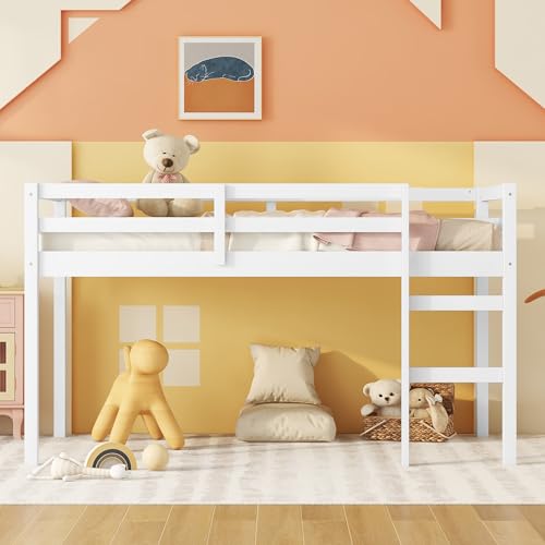 Low Loft Bed Twin Size, Kids Solid Wood Modern Loft Bed Frame with Ladder and Safety Guardrail for Girls Boys, Noise-Free,Non-Toxic Finishes