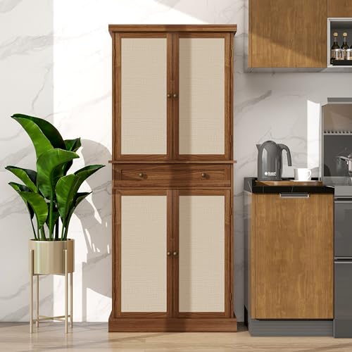 Kitchen Pantry Storage Cabinet, Tall Cabinet with 4 Rattan Doors and 1 Drawers, Freestanding Cupboard with Adjustable Shelves