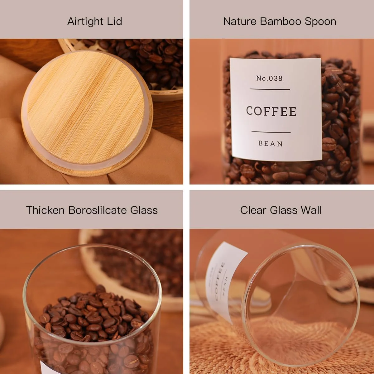 6-Pack Borosilicate Glass Storage Jars with Bamboo Lids + 132 Pre-Printed Pantry Labels Included, BPA-Free Thicken Airtight Containers for Flour
