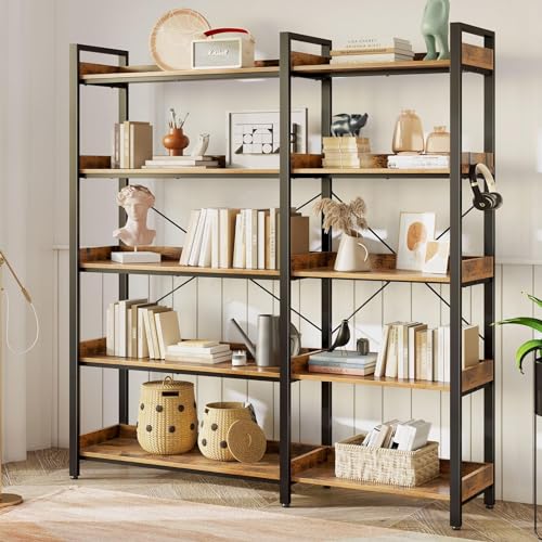 Rolanstar Bookshelf 5 Tier with 4 Hooks, Reversible Corner Bookshelf