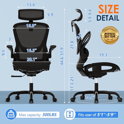 GABRYLLY Ergonomic Mesh Office Chair- White Desk Chair, Flip-Up Armrest, Adjustable Headrest, Tilting with Soft Seat and PU Wheel