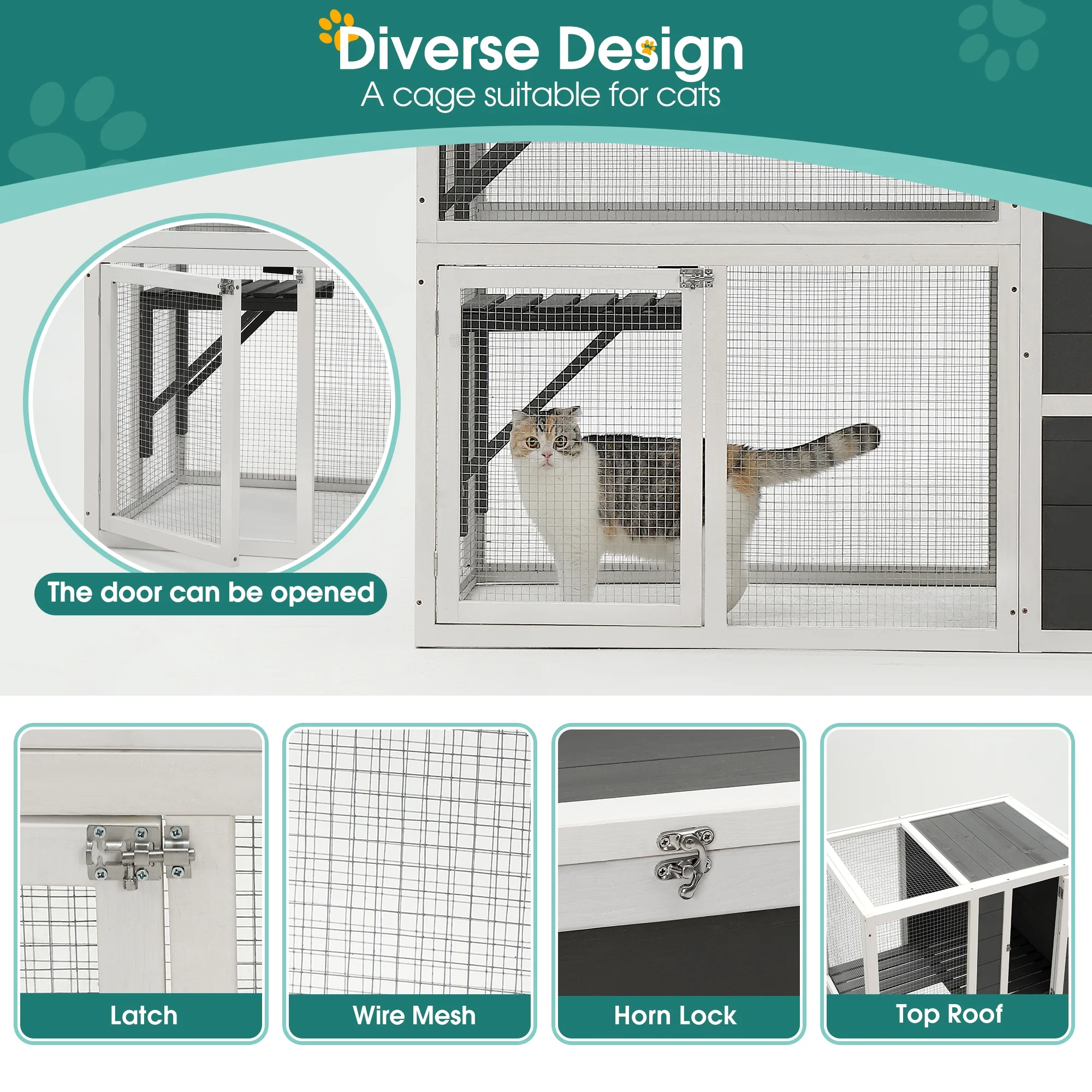 Syngar Luxury 3-Tier Wooden Cat Cage, Outdoor Medium Catio Enclosure with 2 Jump Platforms, 2 Resting Room, and 1 Loft