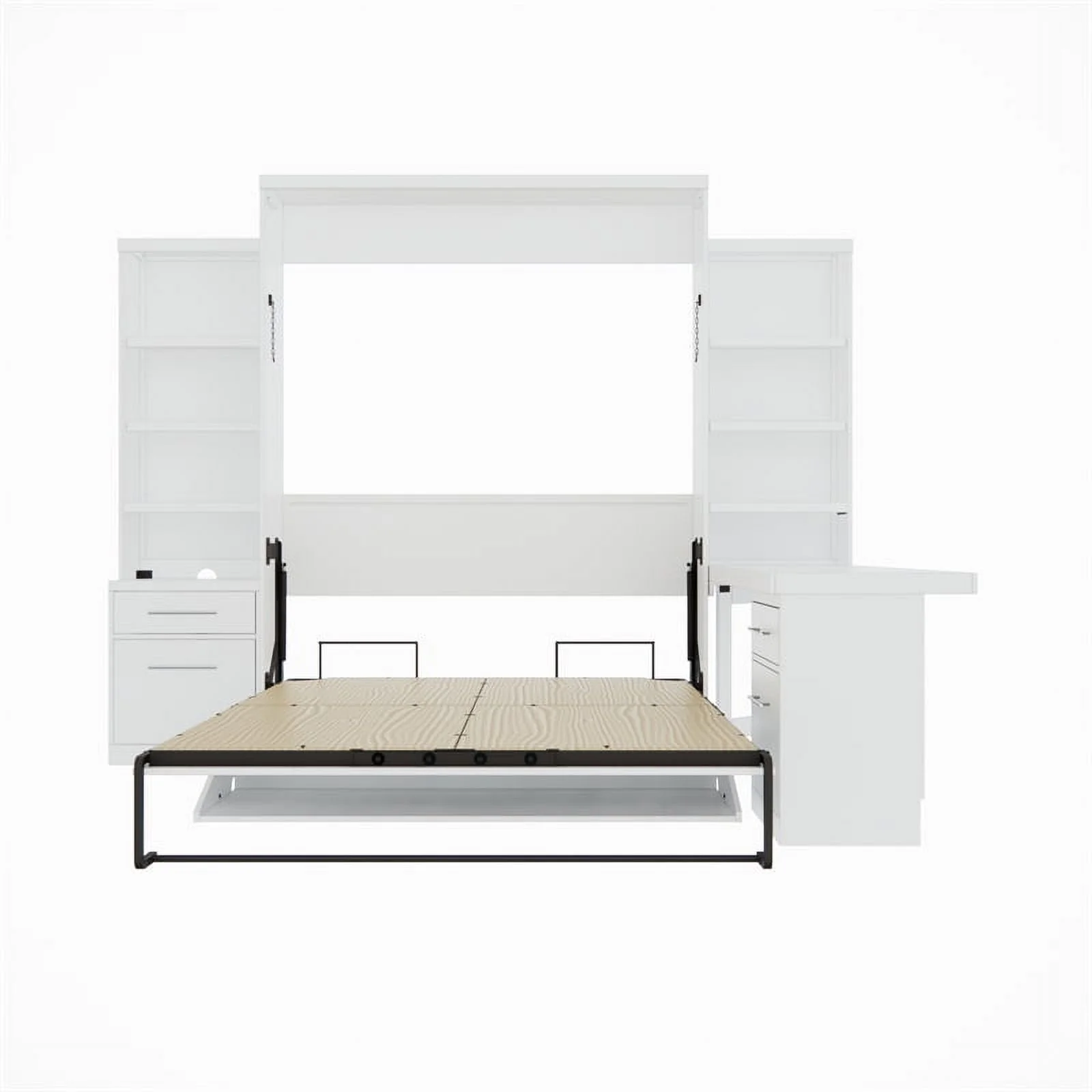 RoomAndLoft Queen Wood Murphy Wall Desk Bed & 2 Shelf Storage Units in White