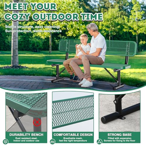 8FT Heavy Duty Park Bench with Back Portable Frame, Outdoor Metal Park Bench with Backrest, Steel Mesh Outdoor Bench for Garden, Lawn, Patio, Porch