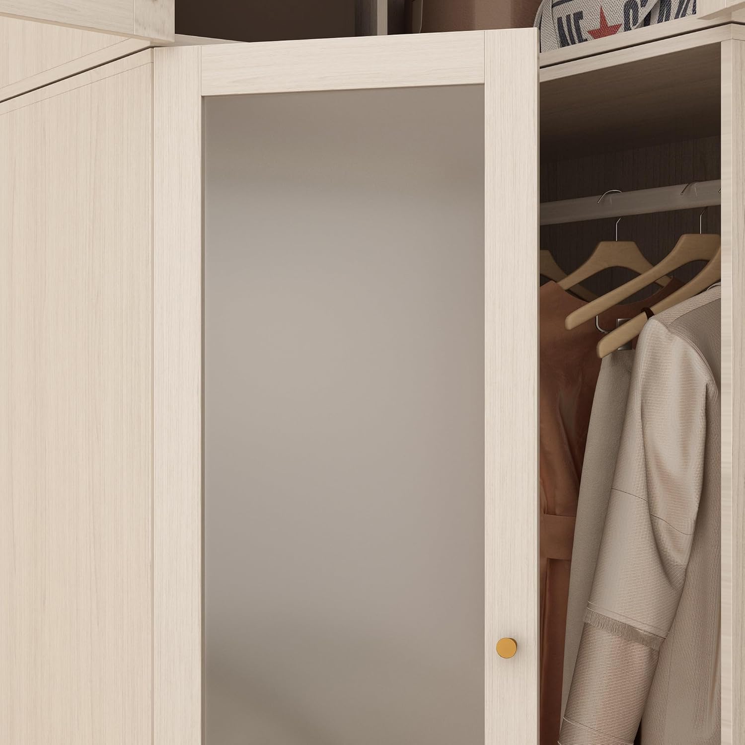 Homsee L-Shape Armoire Wardrobe Closet with Frosted Glass Doors, Hanging Bar & Shelves, Wooden Closet Storage Cabinet with Top Cabinet for Bedroom