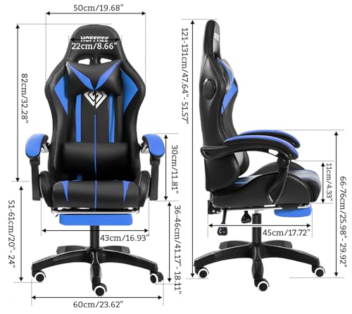 HOFFREE RGB Gaming Chair with Speakers Massage Computer Gaming Chair with LED Lights and Footrest High Back Video Game Chair for Adults Blue and Black