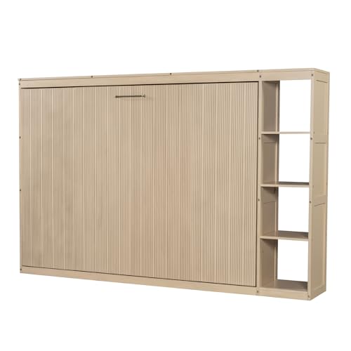Queen Size Farmhouse Murphy Bed Cabinet with Charging Station, Foldable Platform Bed Frame with 2 Storage Drawers