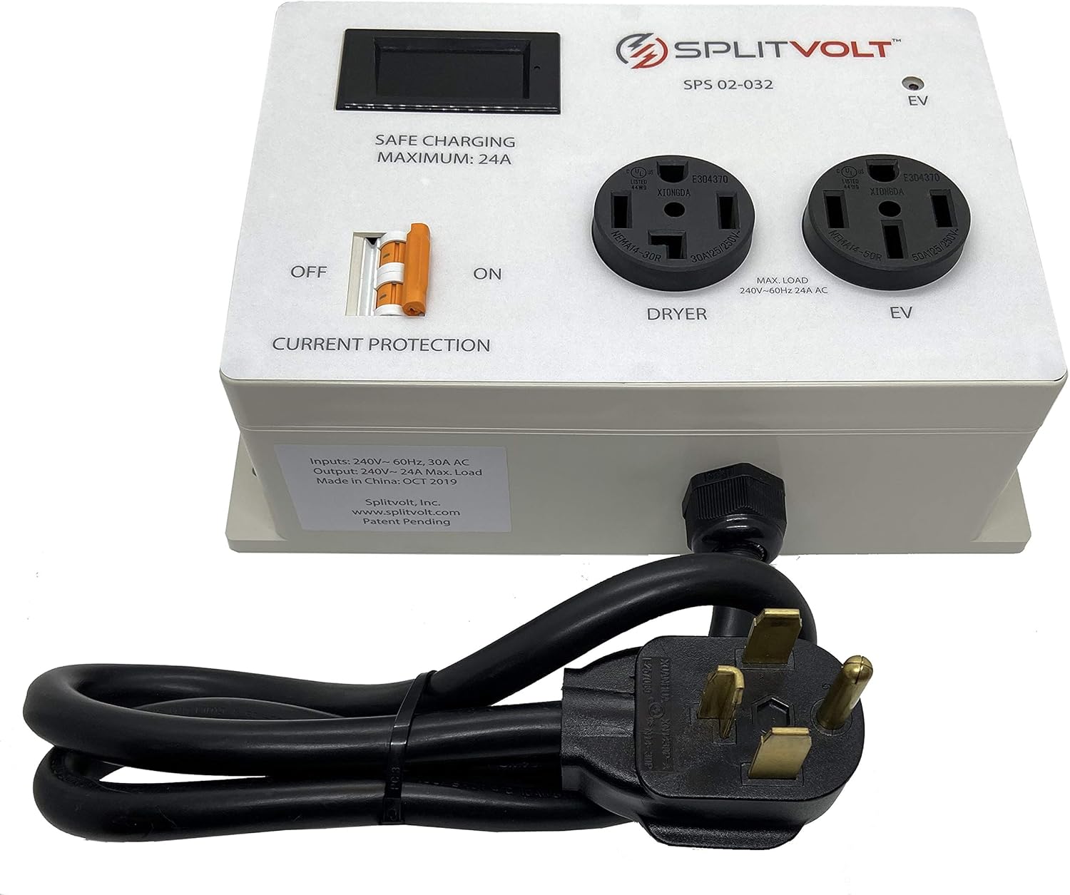 Splitvolt NEMA 14-30/14-50 Splitter Switch (TM) 14-30 Plug to 14-30 Outlet (A) & 14-50 Outlet (B) - Automatic Power Switching for Dryer & EV
