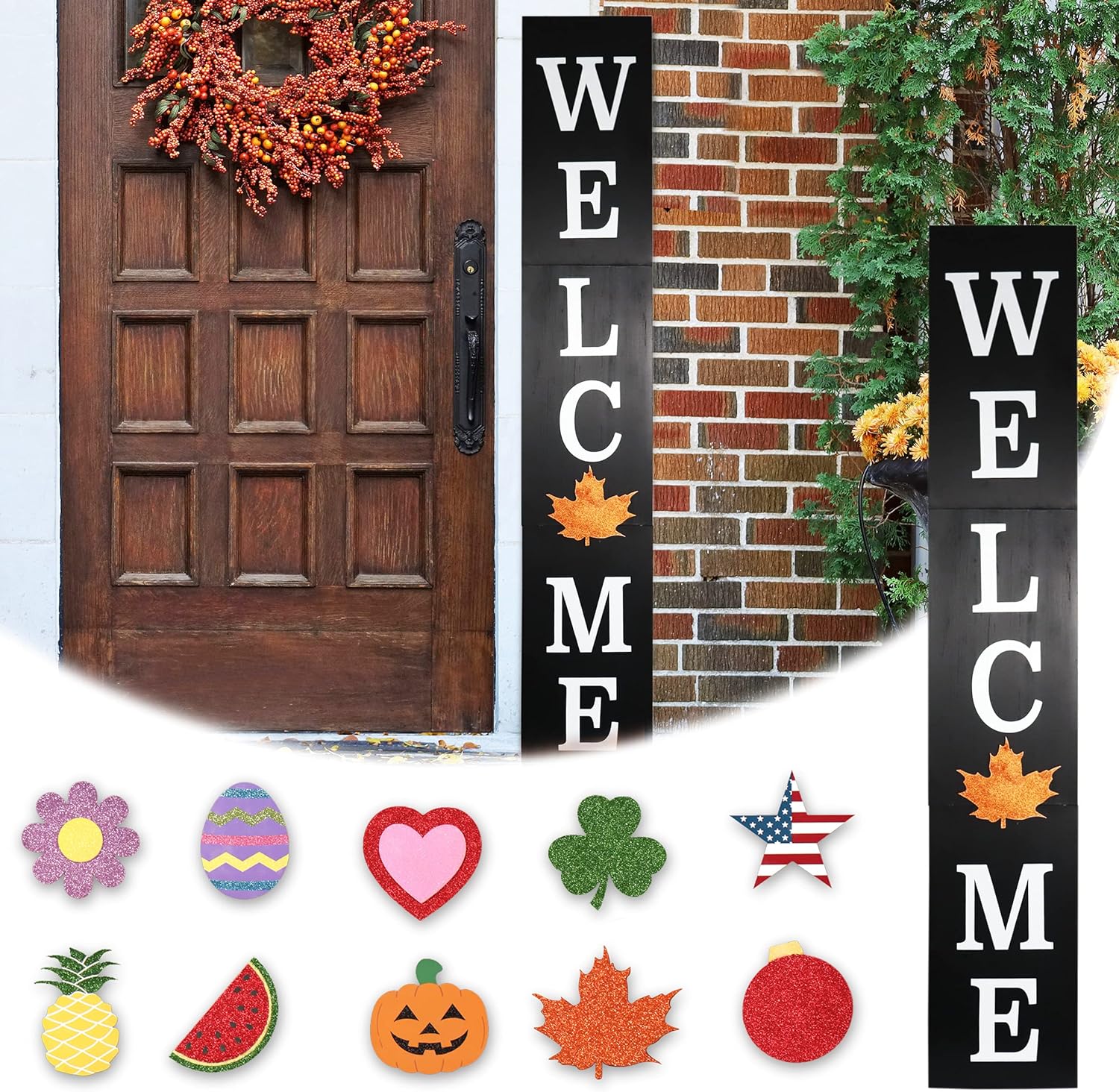 Outdoor Welcome Sign for Front Porch Decor, Interchangeable Seasonal Icons Vertical Welcome Sign, Modern Farmhouse Decor for The Home