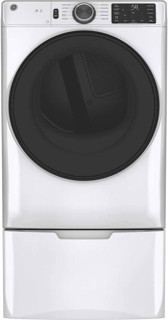 GE GFV55ESSNWW 28" Long Vent Front Load Electric Dryer with 7.8 cu. ft. Capacity Built-in WiFi Sanitize Cycle and 200 Ft. Vent in White