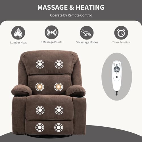 Rocker Recliner Chair with Massage and Heated, 360°Swivel Rocking Chairs with Cup Holders Remote Control for Living Room (Gray Oatmeal)