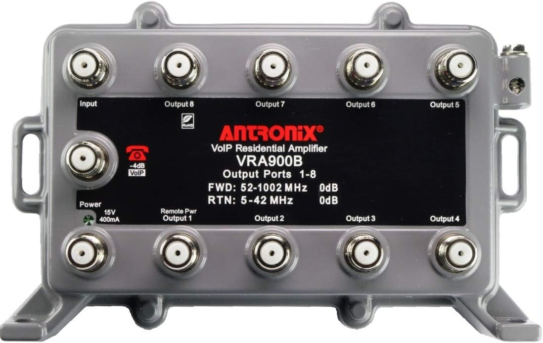 9 Port Bi-Directional Cable TV Splitter Signal Booster/Amplifier Kit with Active Return Zero Signal Loss VoIP Telephone Bypass Port includes F59