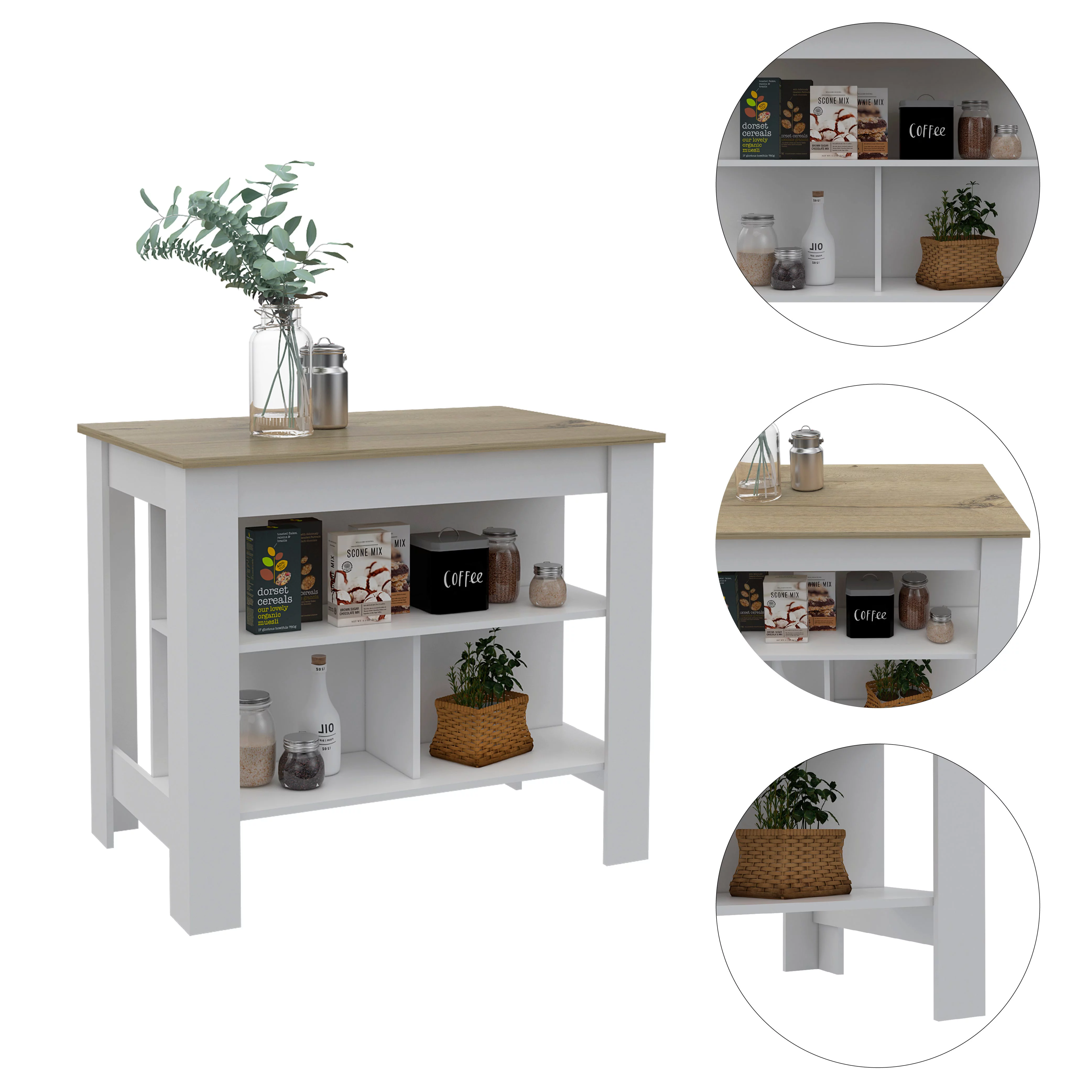 Boahaus Le Havre White Painted Kitchen Island, Wood Tabletop