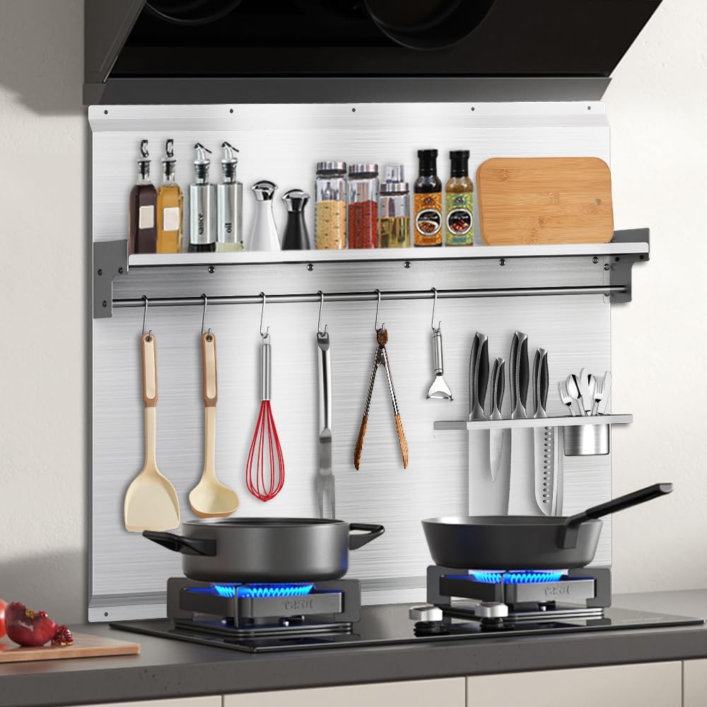 Range Backsplash, 42"x 30" Stainless Steel Backsplash,Easy Clean And Installation with Storage Shelf & Hanging Rack