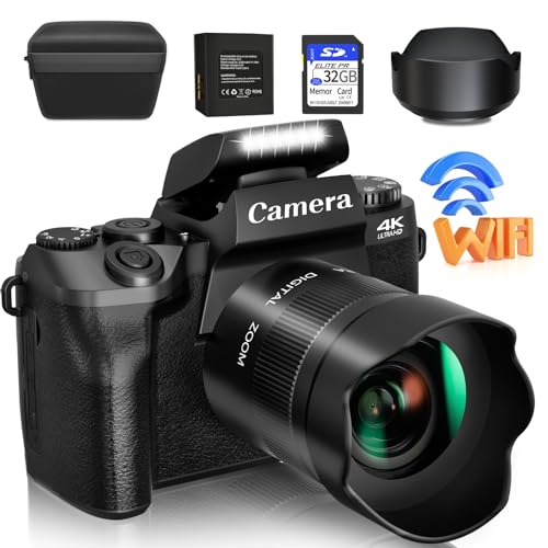 Saneen Digital Camera, 4k Cameras for Photography & Video, 64MP WiFi Touch Screen Vlogging Camera for YouTube with Flash, 32GB SD Card, Lens Hood
