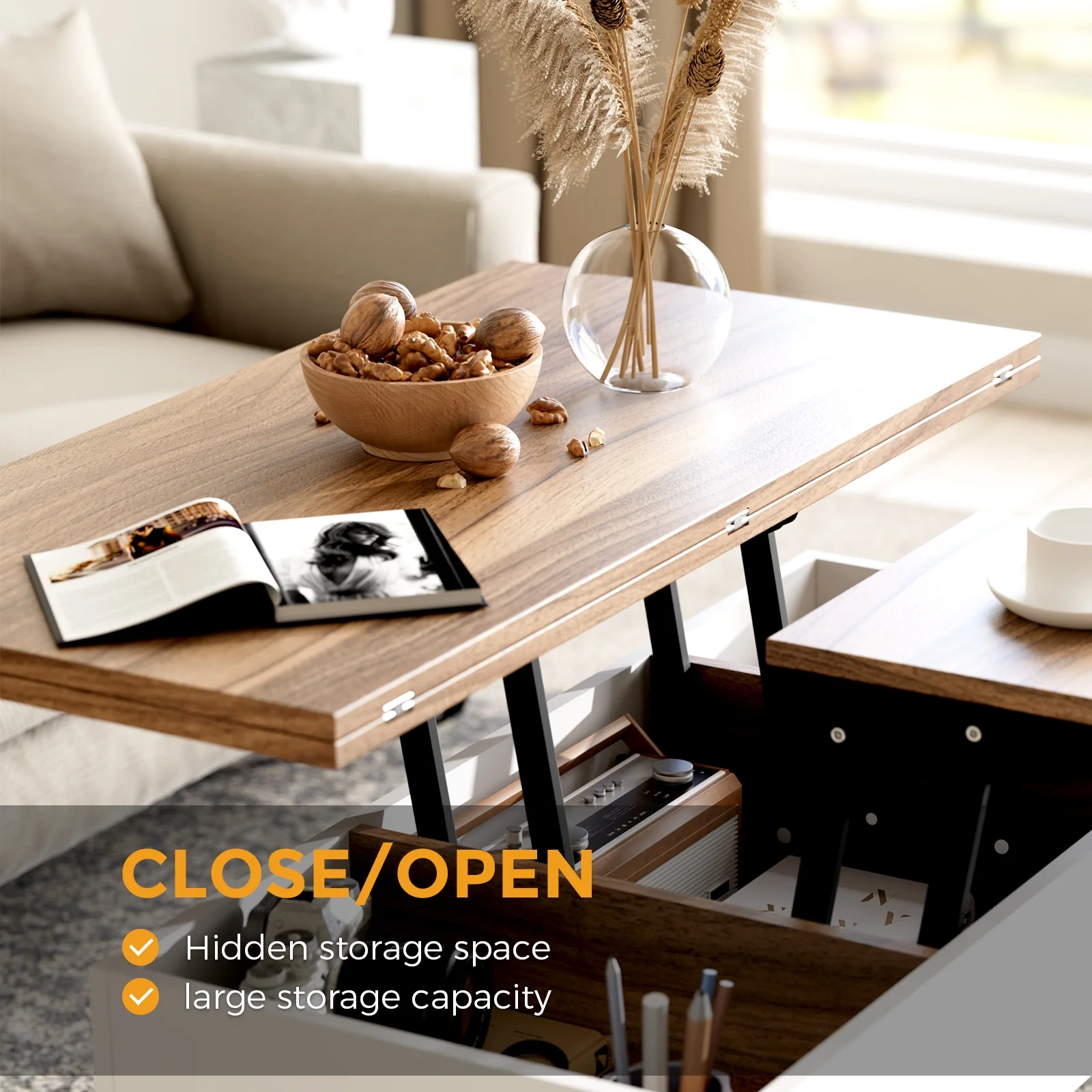 Bidiso 3 in 1 Lift Top Coffee Table, Ten Minutes Install Multifunction Coffee Table, Coffee Table Converts to Dining Table