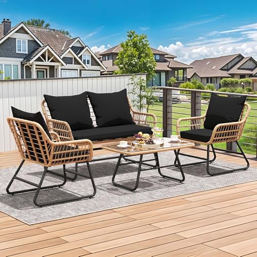 YITAHOME 4-Piece Patio Furniture Wicker Outdoor Bistro Set, All-Weather Rattan Conversation Loveseat Chairs for Backyard