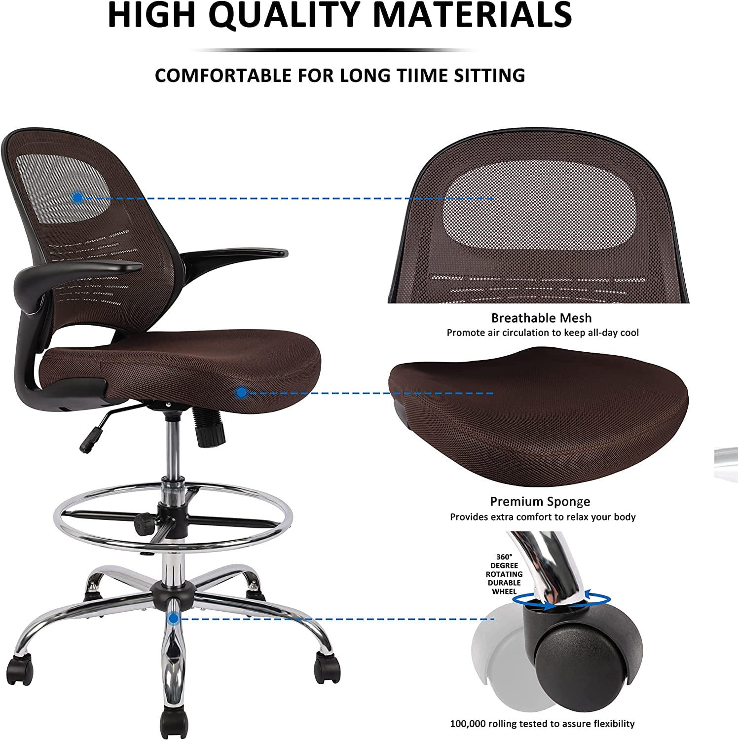 Drafting Chair, Tall Office Chair for Standing Desk, Brown Mesh Drafting Desk Chair with Flip-Up Arms, Adjustable Height and Foot Ring