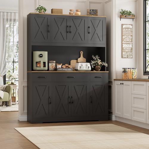 HOSTACK 71" Tall Kitchen Pantry Storage Cabinet with Charging Station, 55" Wide Kitchen Hutch Cabinet with Large Countertop