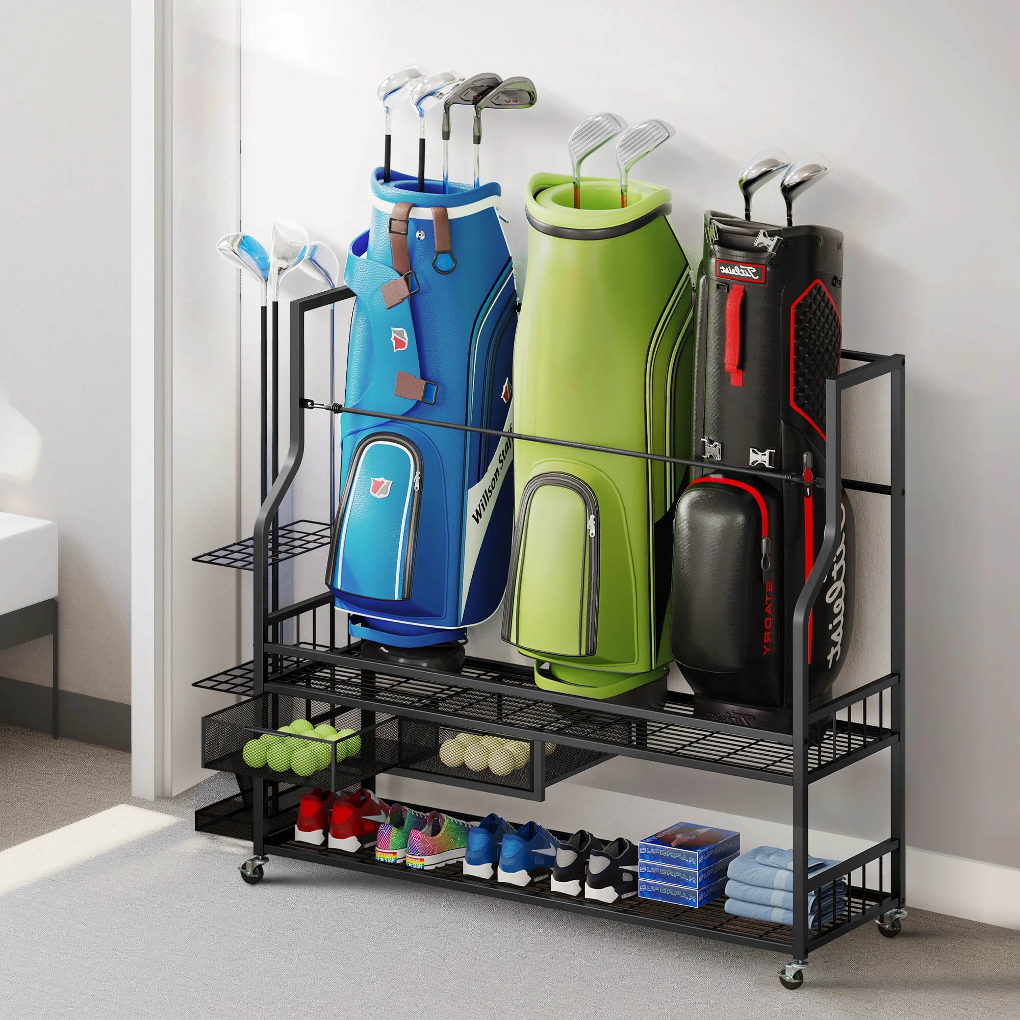 DWVO Golf Bags Storage Garage Organizer, Golf Bag Rack Fits 4 Golf Bags and Golf Equipment Accessories