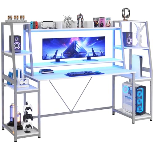 SEDETA Gaming Desk 78.8'' with LED Lights, Hutch and Storage Shelves, Computer Desk with Monitor Stand, Large PC Gamer Desk Workstation