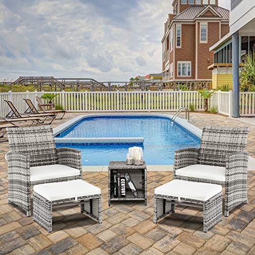 5 Pieces Wicker Patio Furniture Set, Patio Chairs with Ottomans & Table, Rattan Outdoor Patio Furniture Conversation Sets for Balcony, Porch