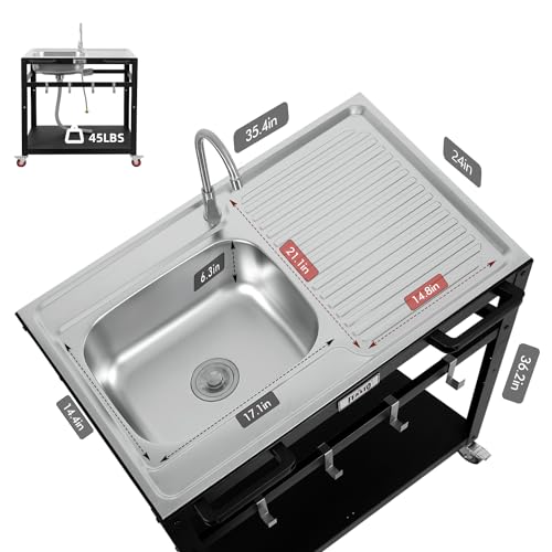 35” Outdoor Grill Cart with Sink, Outdoor Kitchen Sink Station with Hose Hook Up, Free Standing Sink with Wheels