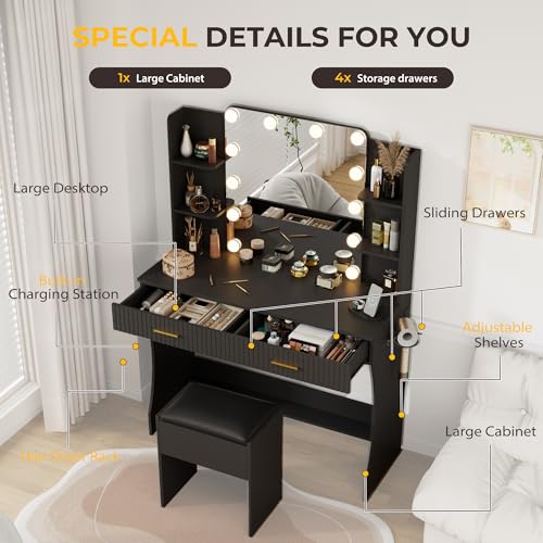 Vanity Desk with LED Lighted Mirror, Makeup Vanity with 3 Adjustable Lights, 2 Large Drawers and 4 Open Shelves