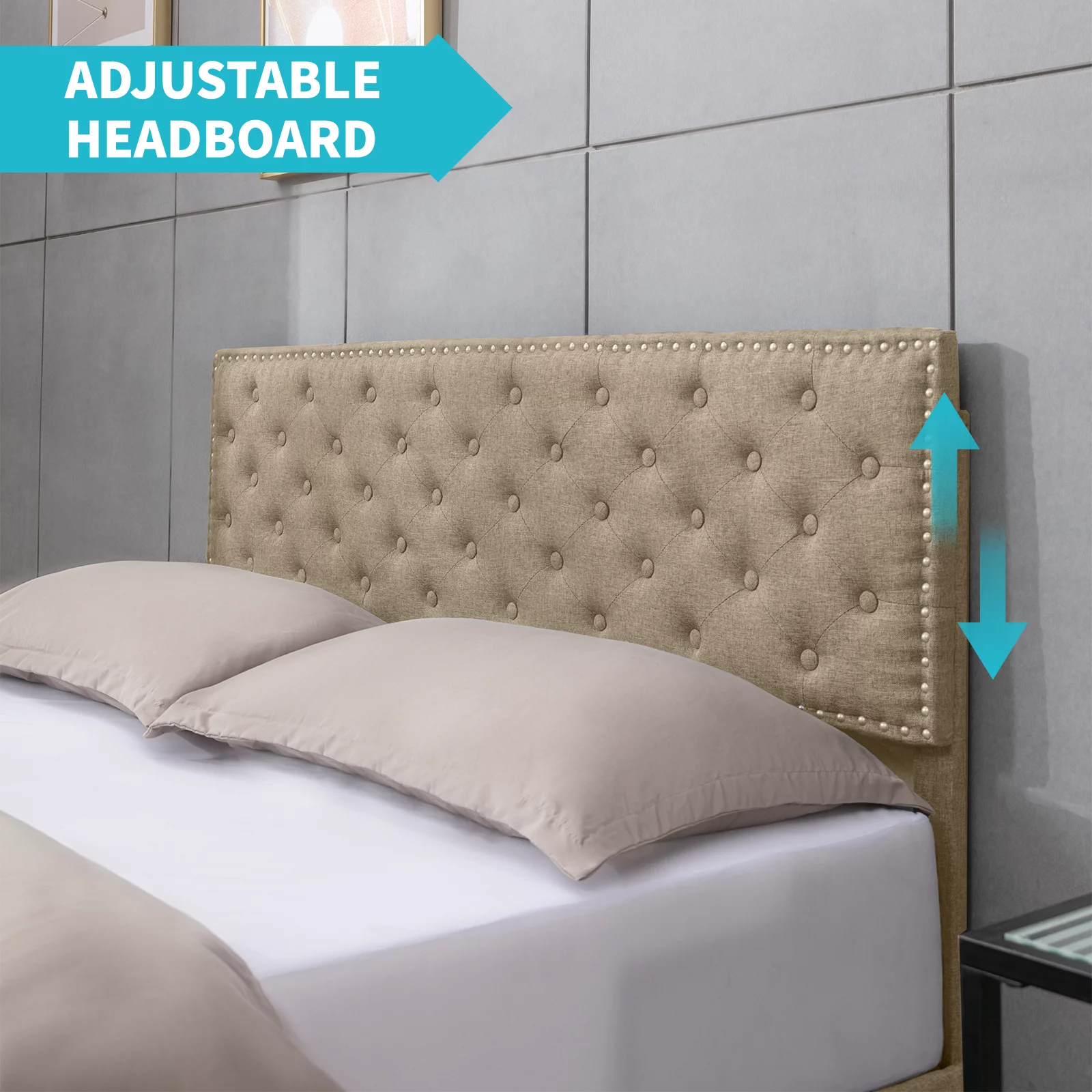 MUZZ Platform Bed Frame with 4 Large Storage Drawers, King Size Bed Frame with Adjustable Tufted Headboard, No Box Spring Needed, Wood Slats Support