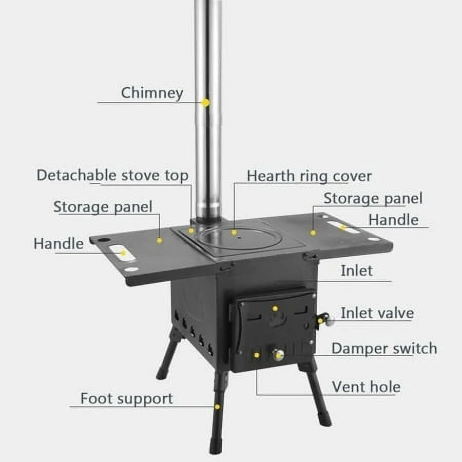 Portable Camping Stove Wood Burning Outdoor Stove with Chimney Pipe for BBQ and Tent Shelter Heating Cooking