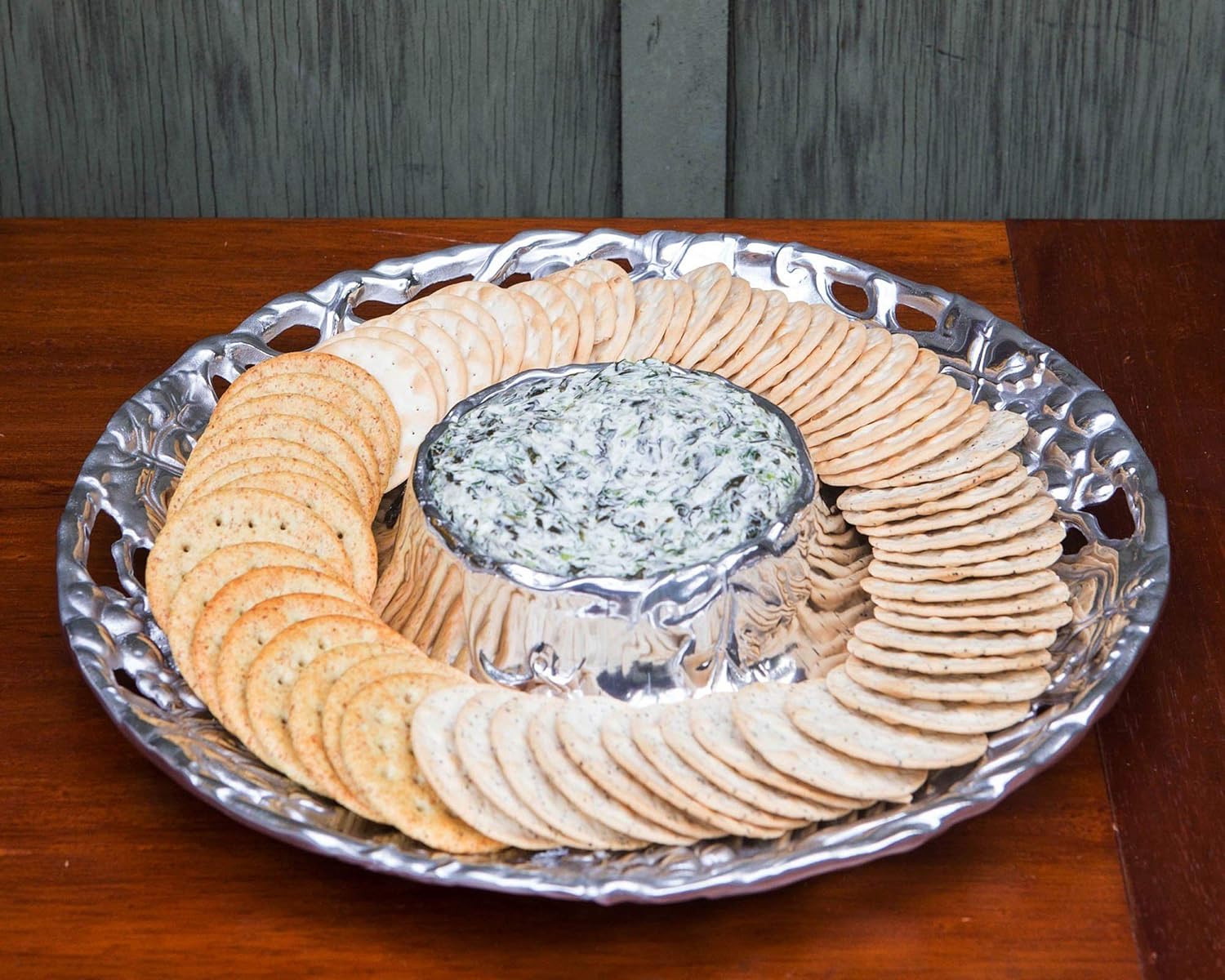 Arthur Court Designs Metal Grape Chip and Dip Platter in Grape Pattern Sand Casted in Aluminum with Artisan Quality Hand Polished Designer