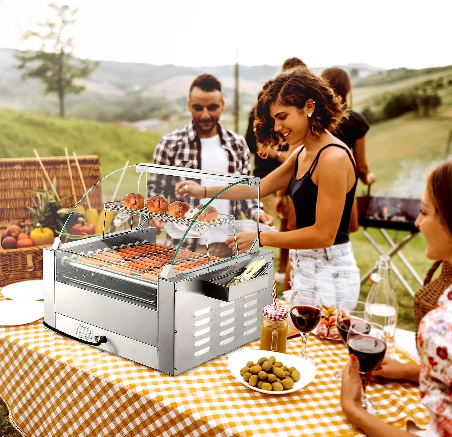 ROVSUN Hot Dog Roller Warmer 2000W, 11 Rollers 30 Hot Dog Roller Grill Cooker Machine w/Bun Warmer, Cover, Dual Temp Control, LED Light