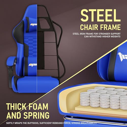 Gaming Chair, Computer Office Chair with Footrest, Linkage Armrests and Lumbar Support, High Back Ergonomic Gamer Chairs for Adults, Blue Fabric