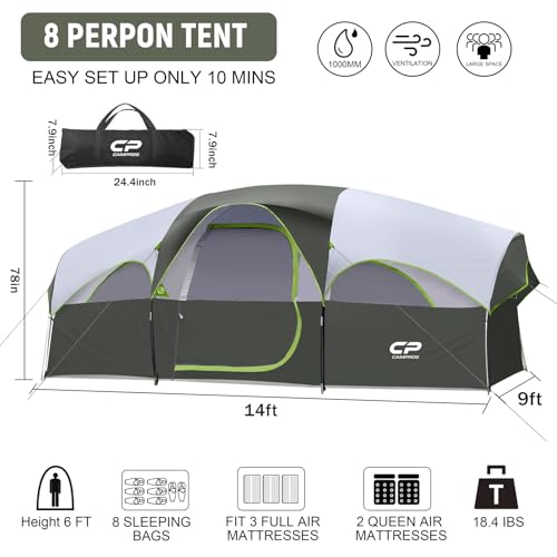 CAMPROS CP Tent 8 Person Camping Tents, Weather Resistant Family Tent, 5 Large Mesh Windows, Double Layer, Divided Curtain for Separated Room