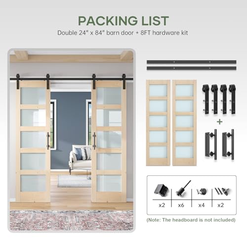 42x84 inch Glass Sliding Barn Door Slab with 7ft Hardware Kit Included, 5-Panel Frosted Glass, Spruce Wood Support DIY Dyeing, Easy Assembly