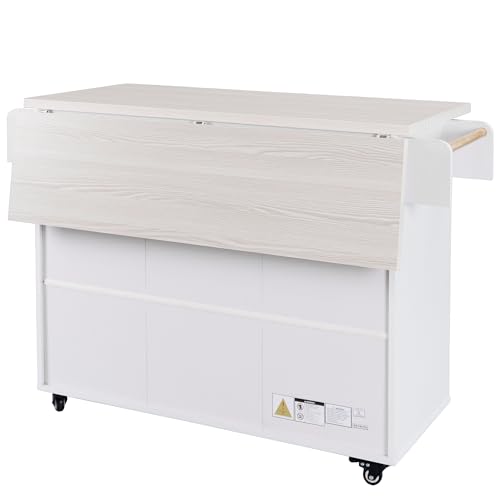 Ball & Cast Farmhouse Kitchen Island with Drop Leaf & Barn Door,Rolling Kitchen Cart on Wheels with Power Outlet,3 Large Drawers