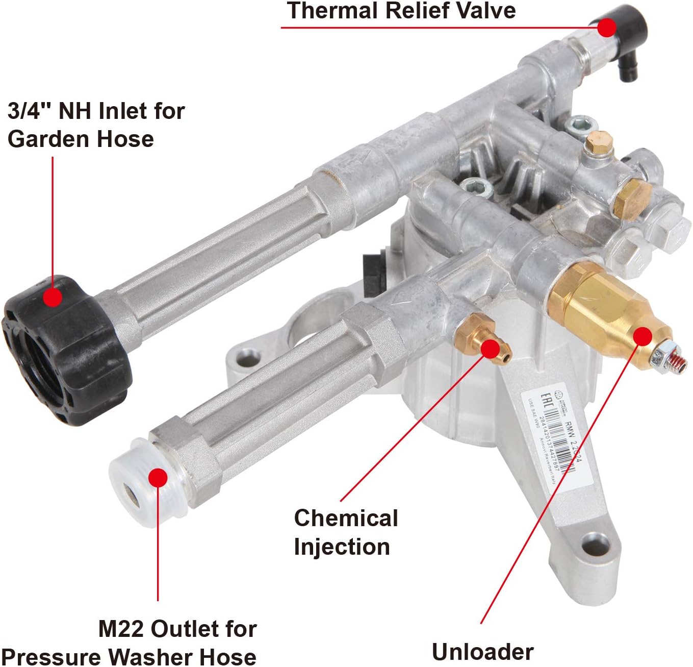 AR High Pressure Washer Pump 2400 PSI RMW22G24-EZ -SX, Vertical 7/8 Shaft Power Washer Replacement Pump Head with Easy Start Valve by ANNOVI REVERBERI