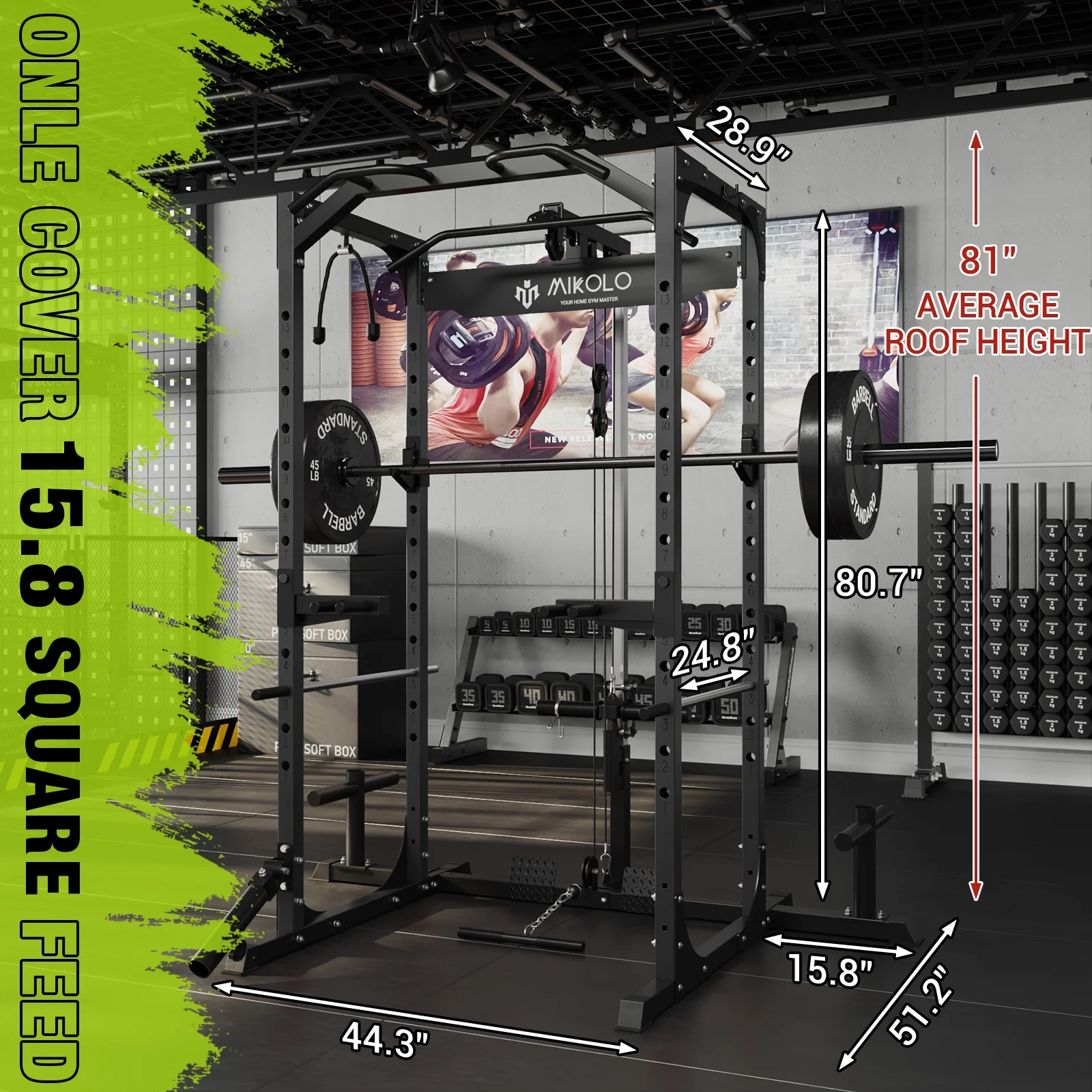 Mikolo Power Rack Cage with LAT Pulldown System,1200LBS Capacity Power Rack, Multi-Functional Squat Rack with 13-Level Adjustable Height and J-Hooks