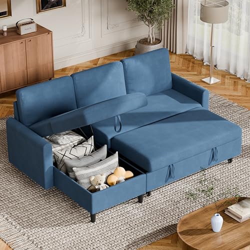 Vongrasig Convertible Sleeper Sofa, Pull Out Couch with Storage, 77" L-Shaped Sofa Bed with Storage Chaise Corduroy Fabric for Living Room, Apartment