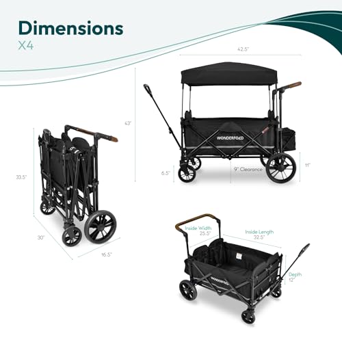 WONDERFOLD X4 Push & Pull Stroller Wagon (4 Seater) - Collapsible Wagon Stroller with Seats with 5-Point Harnesses, Adjustable Push Handle