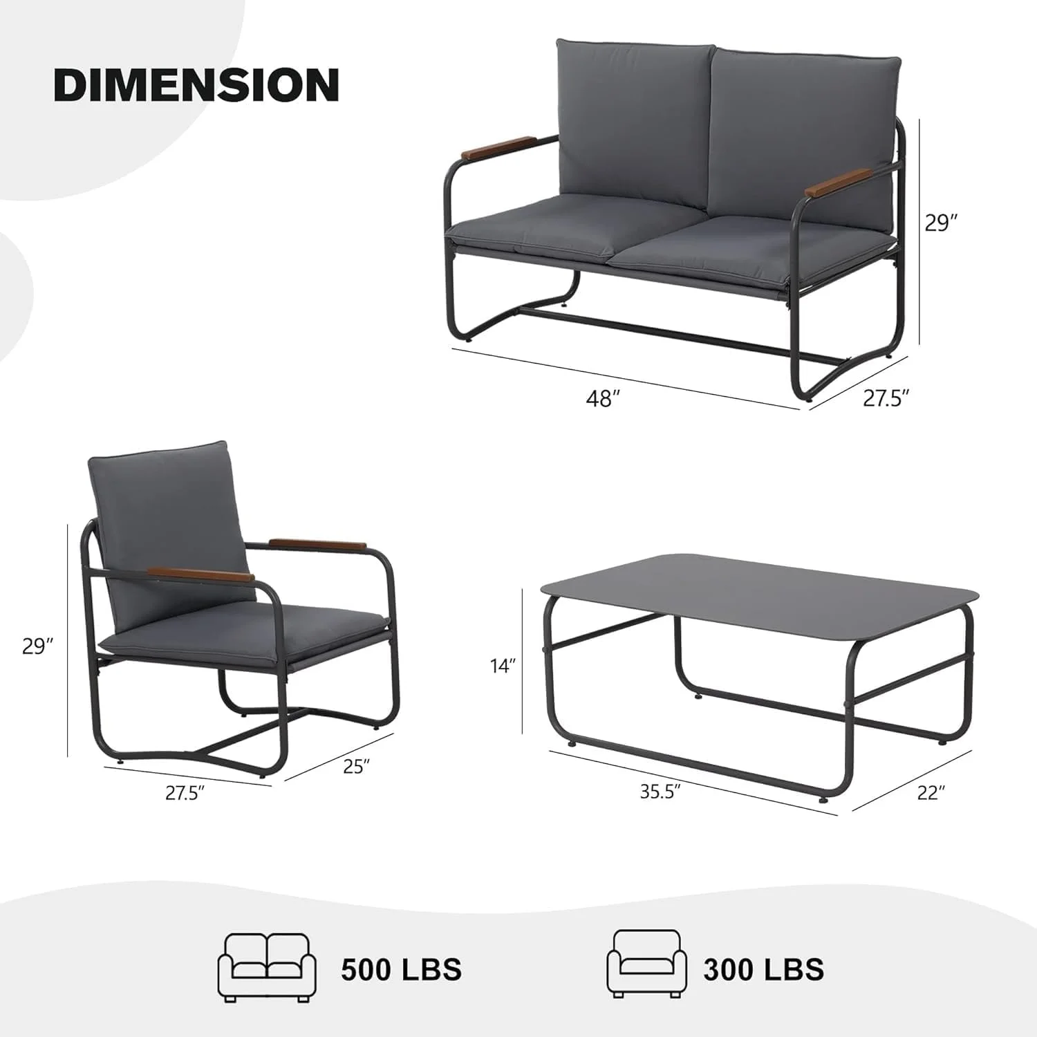 CozyHom 4 PCS Outdoor Patio Aluminum Sofa Furniture Conversation Sets with Coffee Table and 4-inch Cushion, Dark Grey